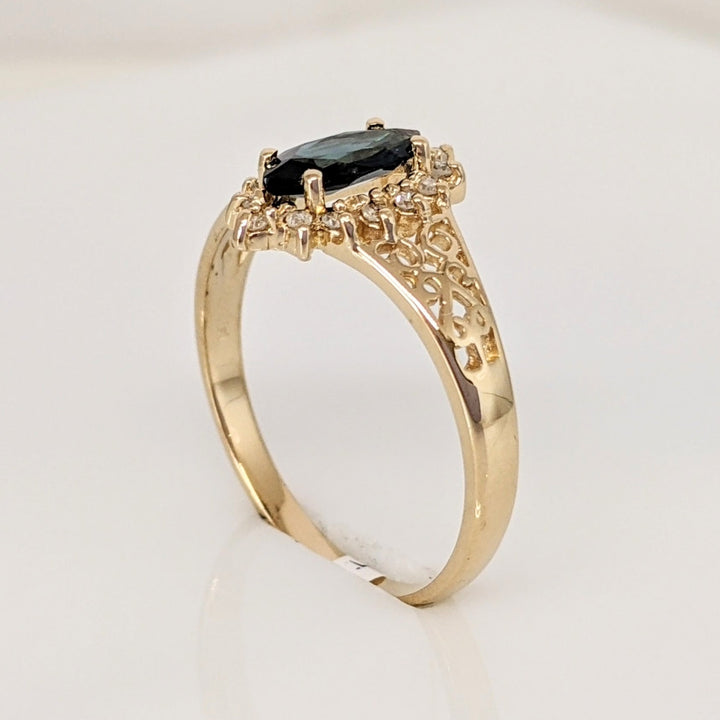 14K SAPPHIRE MARQUISE 4X8 WITH .12 DIAMOND TOTAL WEIGHT (14) FILAGREE ESTATE RING 1.8 GRAMS