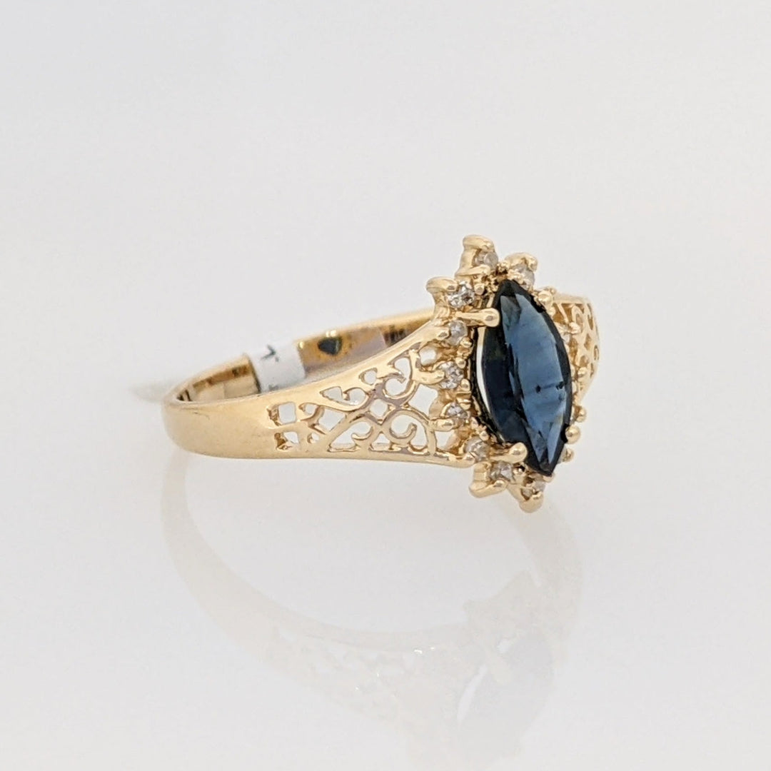 14K SAPPHIRE MARQUISE 4X8 WITH .12 DIAMOND TOTAL WEIGHT (14) FILAGREE ESTATE RING 1.8 GRAMS