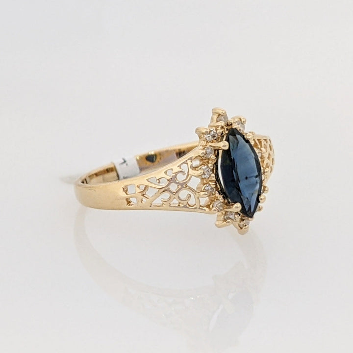 14K SAPPHIRE MARQUISE 4X8 WITH .12 DIAMOND TOTAL WEIGHT (14) FILAGREE ESTATE RING 1.8 GRAMS