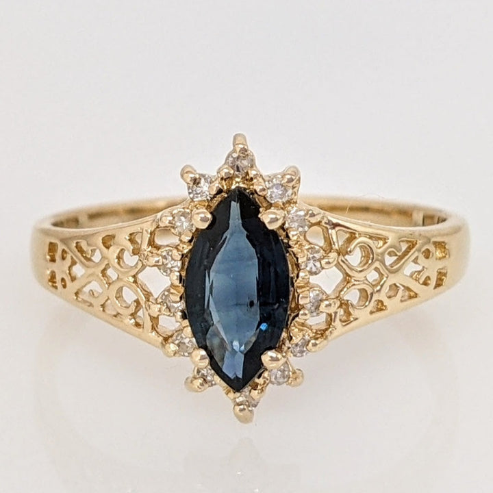 14K SAPPHIRE MARQUISE 4X8 WITH .12 DIAMOND TOTAL WEIGHT (14) FILAGREE ESTATE RING 1.8 GRAMS