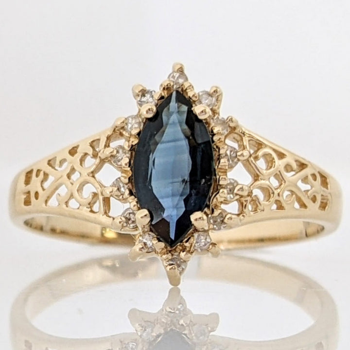 14K SAPPHIRE MARQUISE 4X8 WITH .12 DIAMOND TOTAL WEIGHT (14) FILAGREE ESTATE RING 1.8 GRAMS