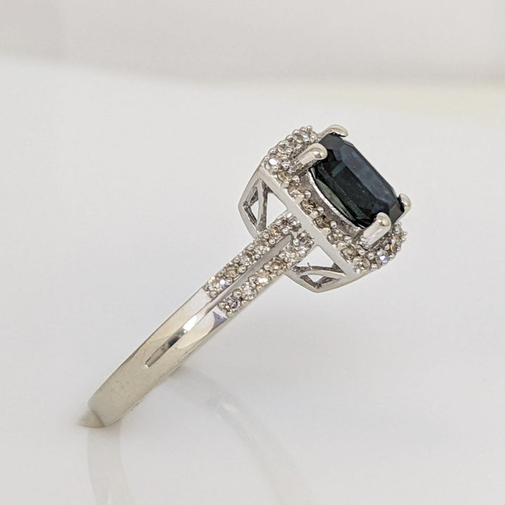 14K WHITE SAPPHIRE EMERALD CUT  5X7 WITH .40 DIAMOND TOTAL WEIGHT (51) ROUND ESTATE RING 2.7 GRAMS