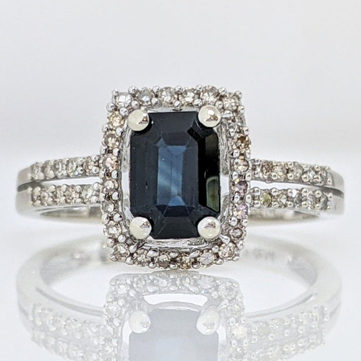 14K WHITE SAPPHIRE EMERALD CUT  5X7 WITH .40 DIAMOND TOTAL WEIGHT (51) ROUND ESTATE RING 2.7 GRAMS