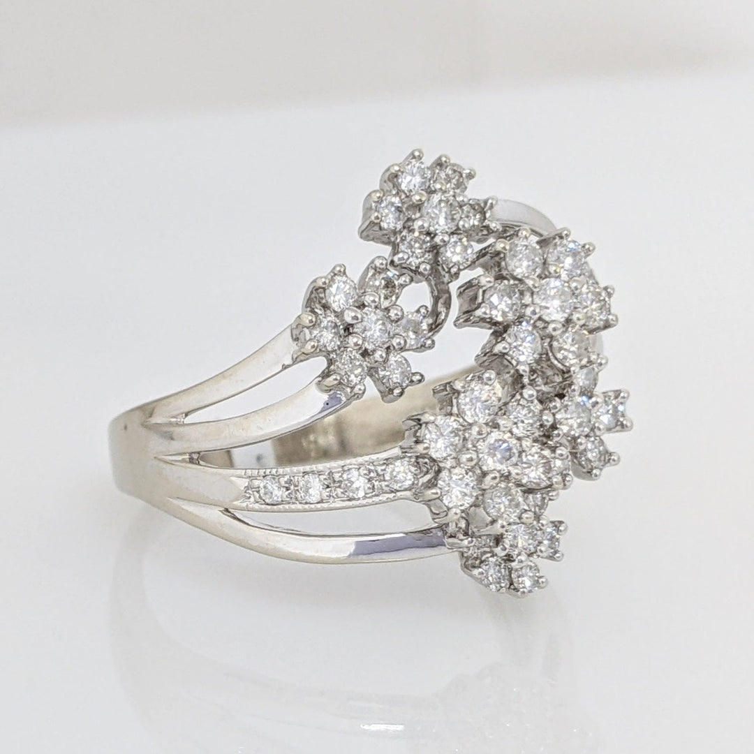 14K WHITE 1.13 CARAT TOTAL WEIGHT I1 G DIAMOND ROUND (50) SIX-CLUSTER FLORAL ESTATE RING 5.6 GRAMS