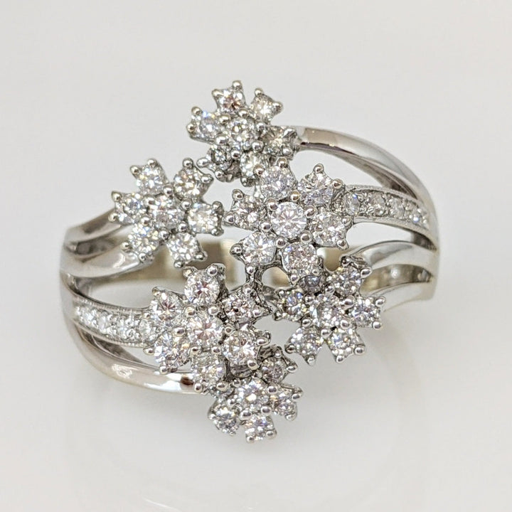 14K WHITE 1.13 CARAT TOTAL WEIGHT I1 G DIAMOND ROUND (50) SIX-CLUSTER FLORAL ESTATE RING 5.6 GRAMS