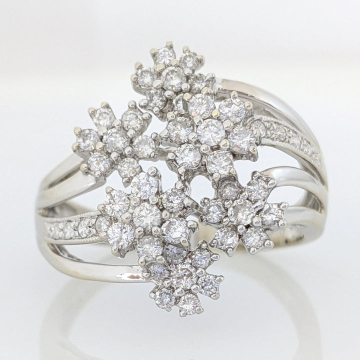 14K WHITE 1.13 CARAT TOTAL WEIGHT I1 G DIAMOND ROUND (50) SIX-CLUSTER FLORAL ESTATE RING 5.6 GRAMS