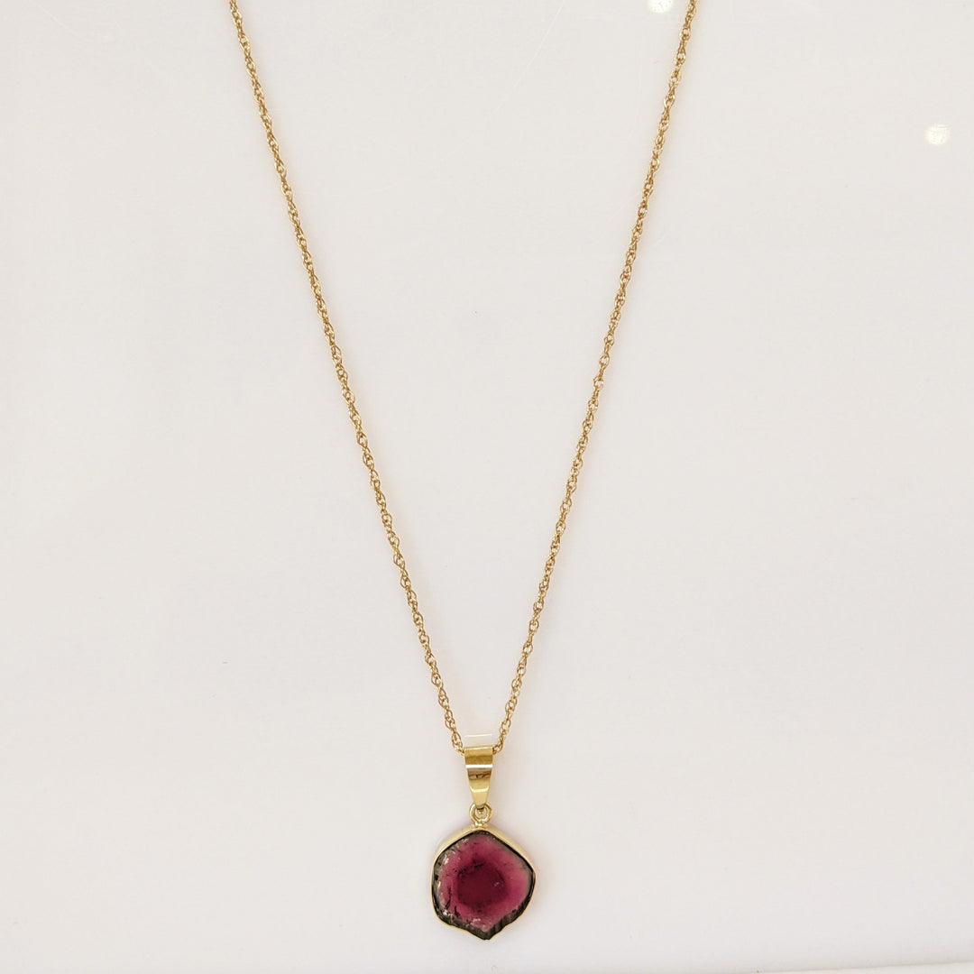 14K BI-COLORED TOURMALINE 11MM BEZEL ESTATE PENDANT & CHAIN 2.3 GRAMS