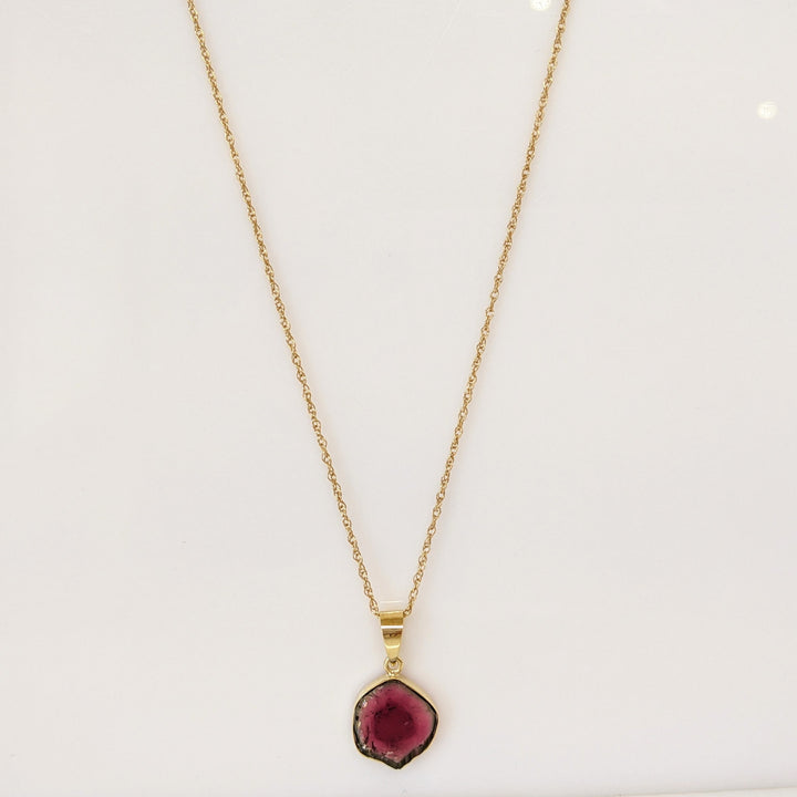 14K BI-COLORED TOURMALINE 11MM BEZEL ESTATE PENDANT & CHAIN 2.3 GRAMS