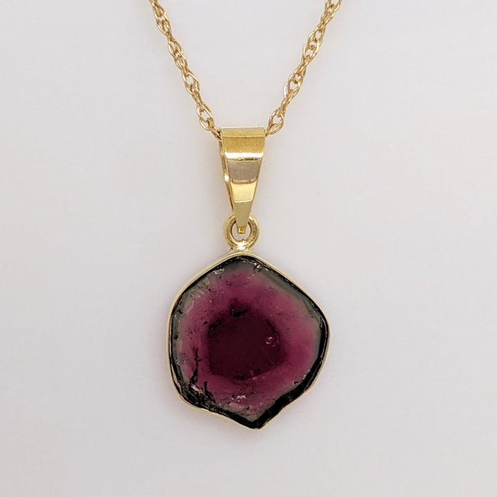 14K BI-COLORED TOURMALINE 11MM BEZEL ESTATE PENDANT & CHAIN 2.3 GRAMS