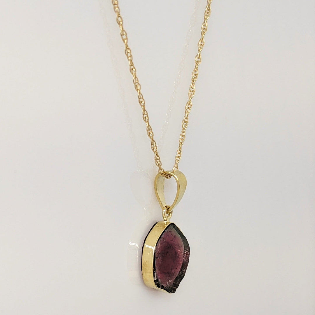 14K BI-COLORED TOURMALINE 11MM BEZEL ESTATE PENDANT & CHAIN 2.3 GRAMS