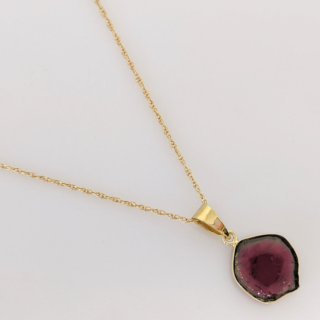 14K BI-COLORED TOURMALINE 11MM BEZEL ESTATE PENDANT & CHAIN 2.3 GRAMS