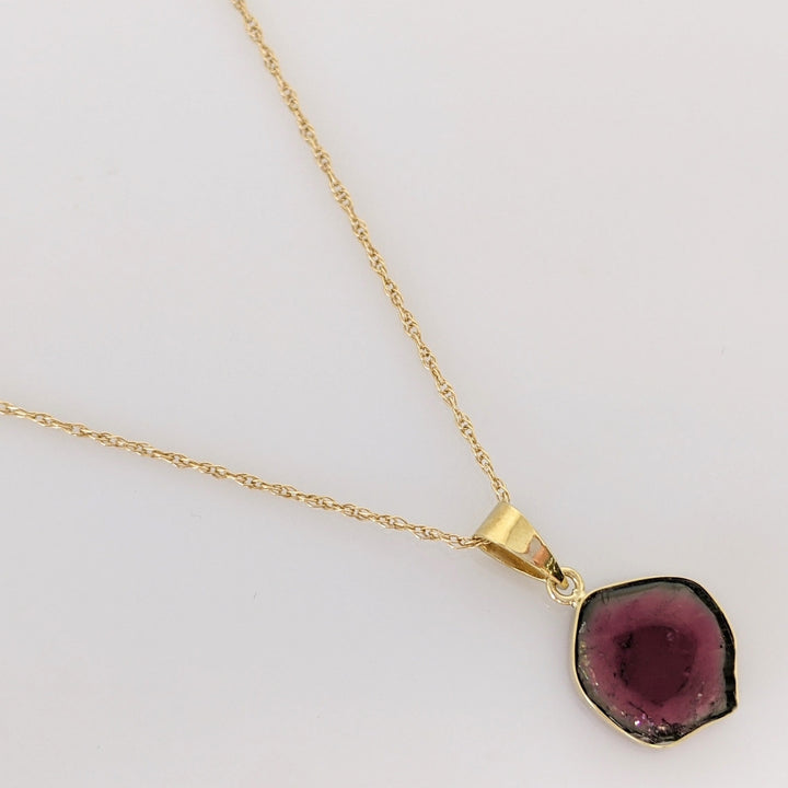 14K BI-COLORED TOURMALINE 11MM BEZEL ESTATE PENDANT & CHAIN 2.3 GRAMS