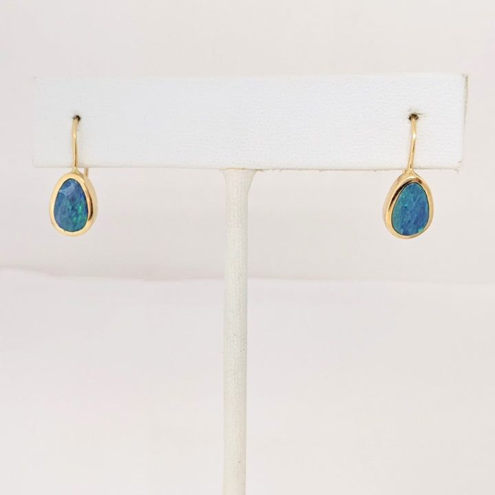 14K DOUBLET OPAL PEAR 5X8 HOOK DANGLE ESTATE EARRINGS 2.3 GRAMS