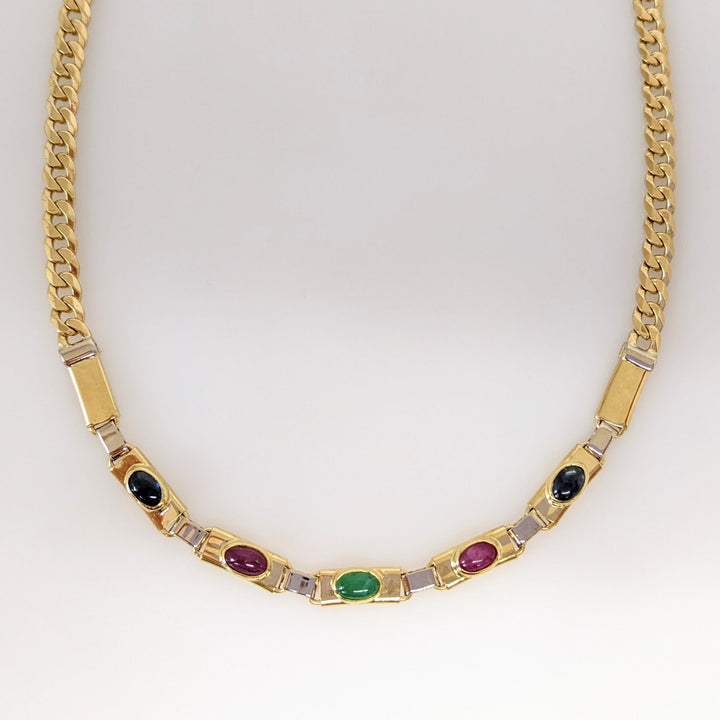 14K SAPPHIRE (2) RUBY (2) EMERALD (1) CABOCHON OVAL 3X5 ESTATE NECKLACE 14.1 GRAMS
