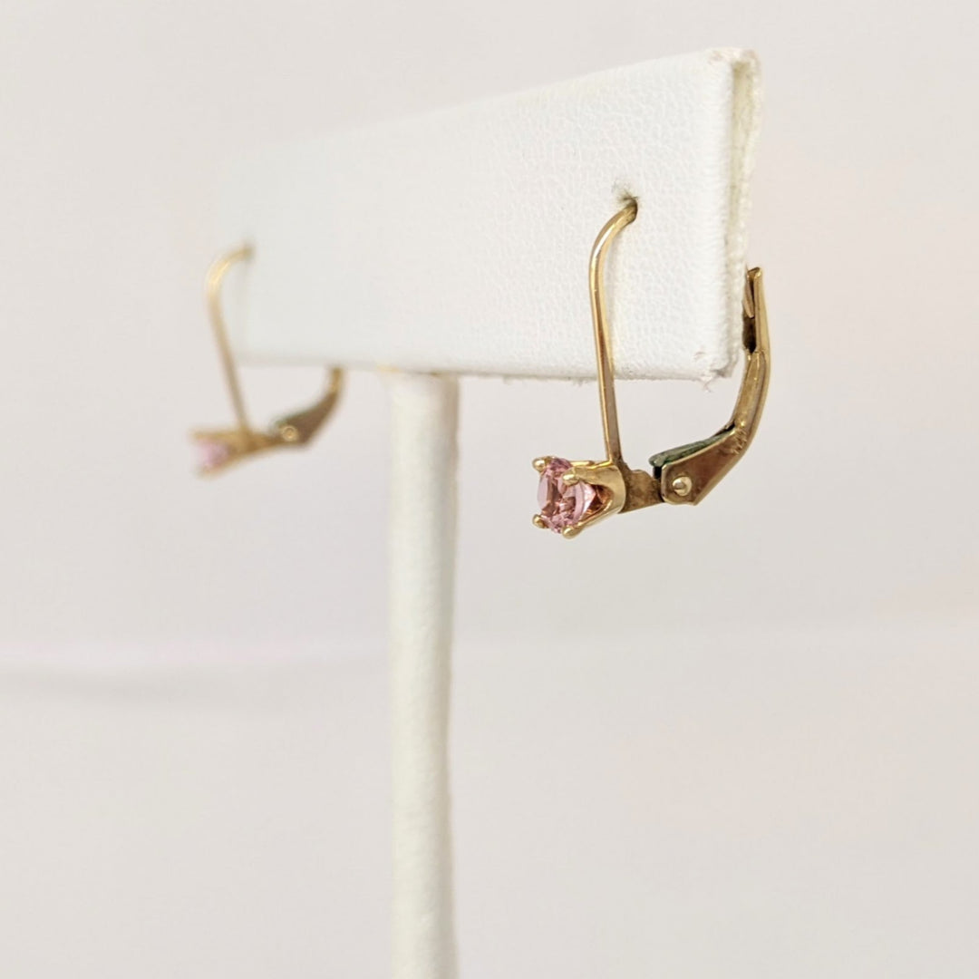 14K PINK TOURMALINE ROUND 3.5MM LEVERBACK ESTATE EARRINGS 0.8 GRAMS