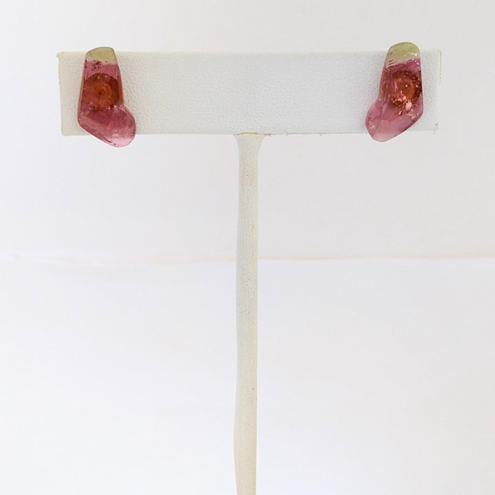 14K BI-COLORED FREE FORM TOURMALINE ROCK STUD ESTATE EARRINGS 2.0 GRAMS