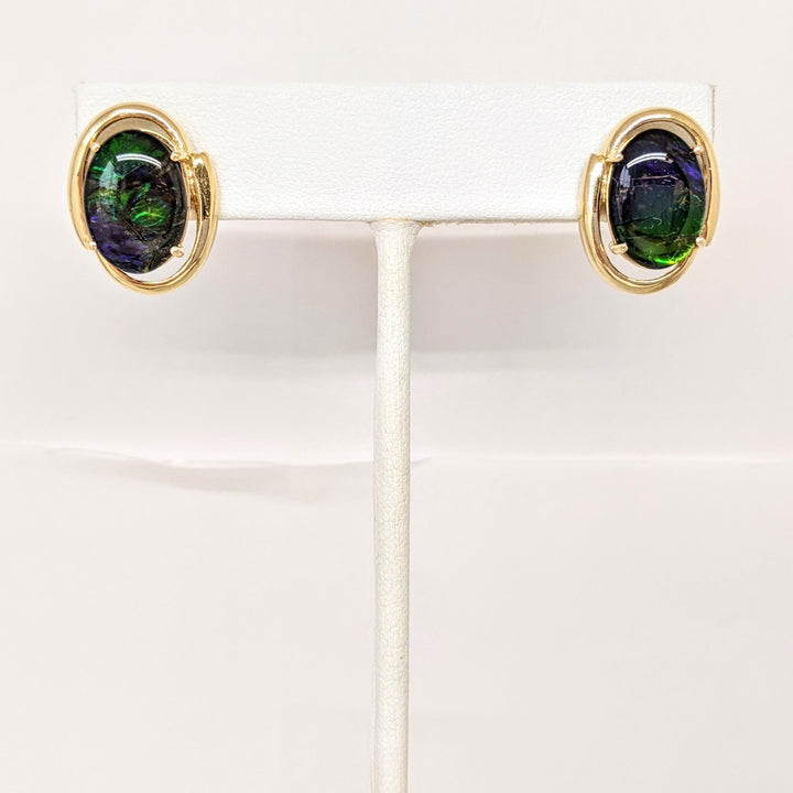 14K AMMOLITE OVAL 10X14 GOLD TRIM ESTATE EARRINGS 7.4 GRAMS