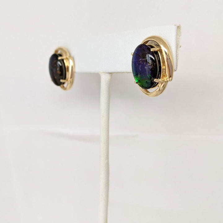 14K AMMOLITE OVAL 10X14 GOLD TRIM ESTATE EARRINGS 7.4 GRAMS