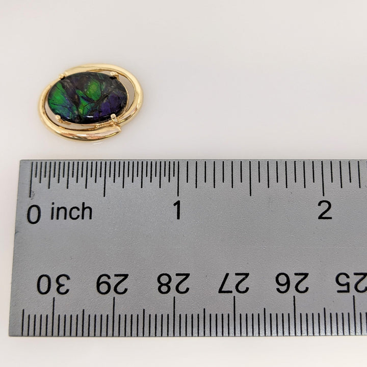 14K AMMOLITE OVAL 10X14 GOLD TRIM ESTATE EARRINGS 7.4 GRAMS