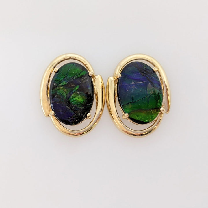 14K AMMOLITE OVAL 10X14 GOLD TRIM ESTATE EARRINGS 7.4 GRAMS