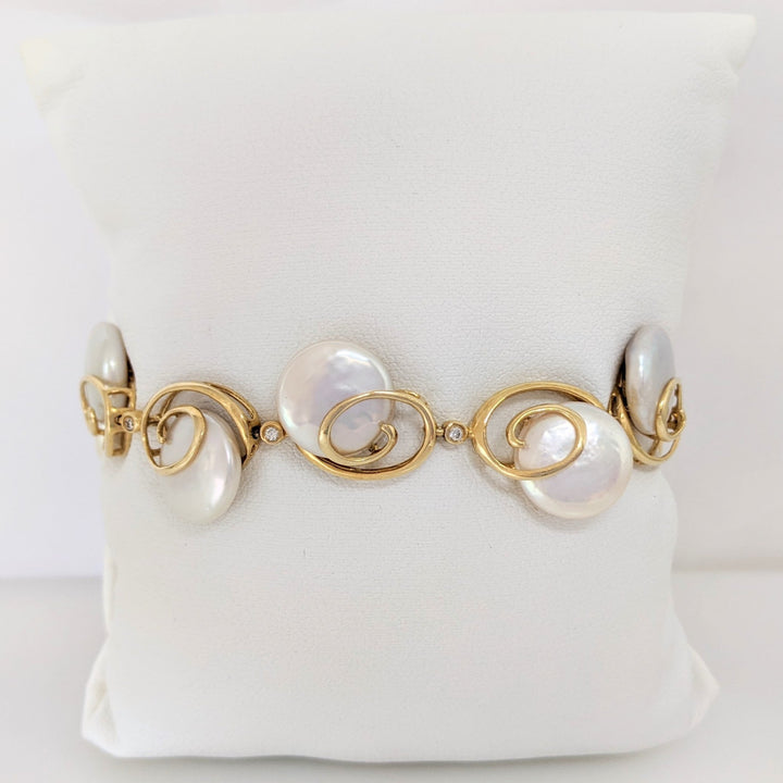 14K MOTHER OF PEARL CIRCLE (9) 12MM WITH (9) MELEE ESTATE BRACELET 17.8 GRAMS
