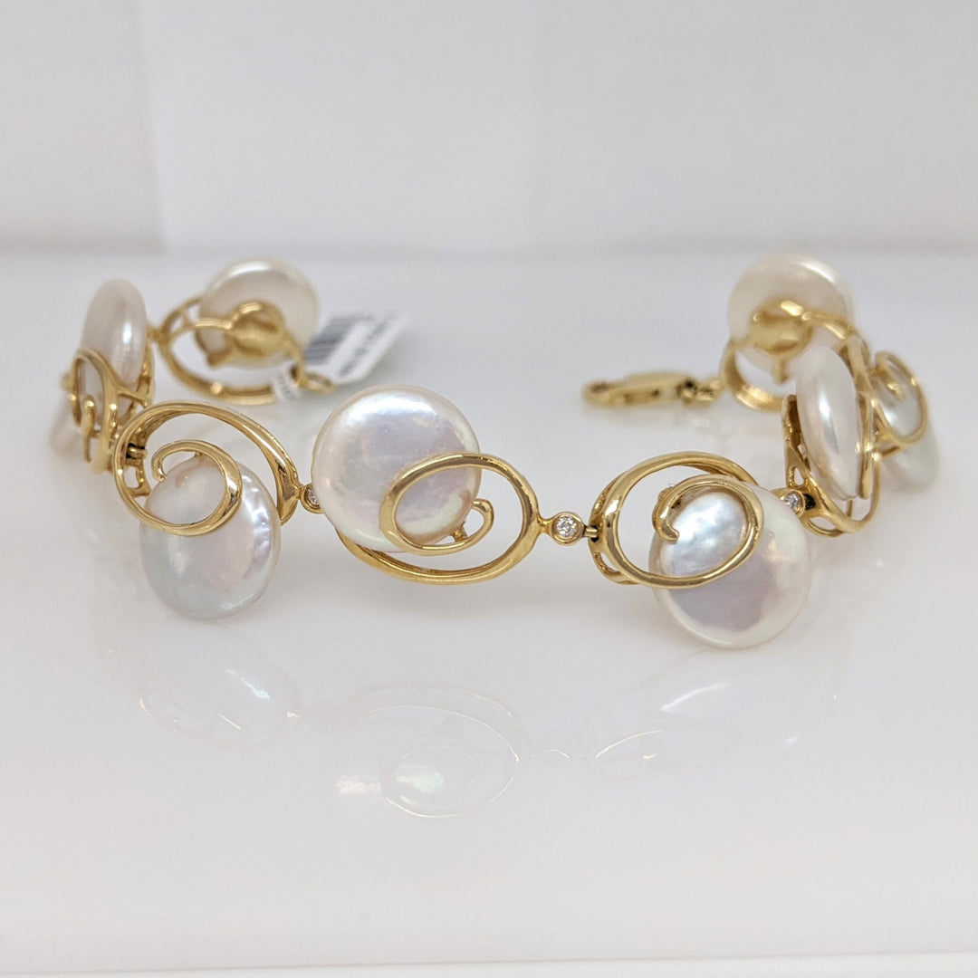 14K MOTHER OF PEARL CIRCLE (9) 12MM WITH (9) MELEE ESTATE BRACELET 17.8 GRAMS