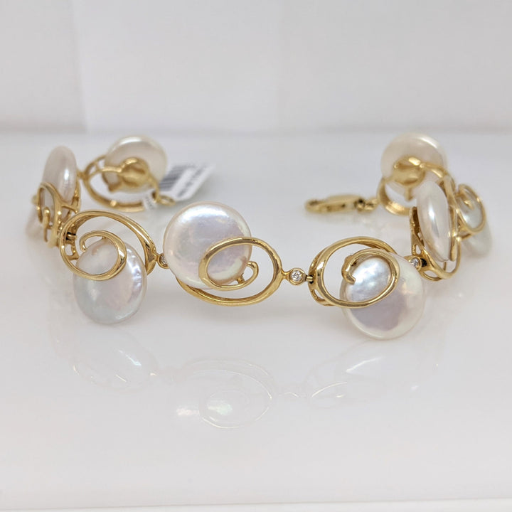 14K MOTHER OF PEARL CIRCLE (9) 12MM WITH (9) MELEE ESTATE BRACELET 17.8 GRAMS