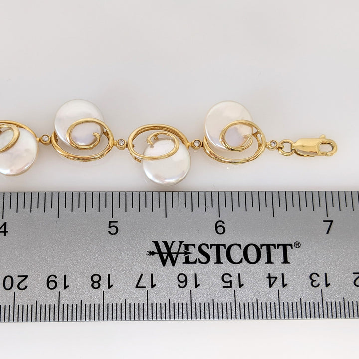 14K MOTHER OF PEARL CIRCLE (9) 12MM WITH (9) MELEE ESTATE BRACELET 17.8 GRAMS