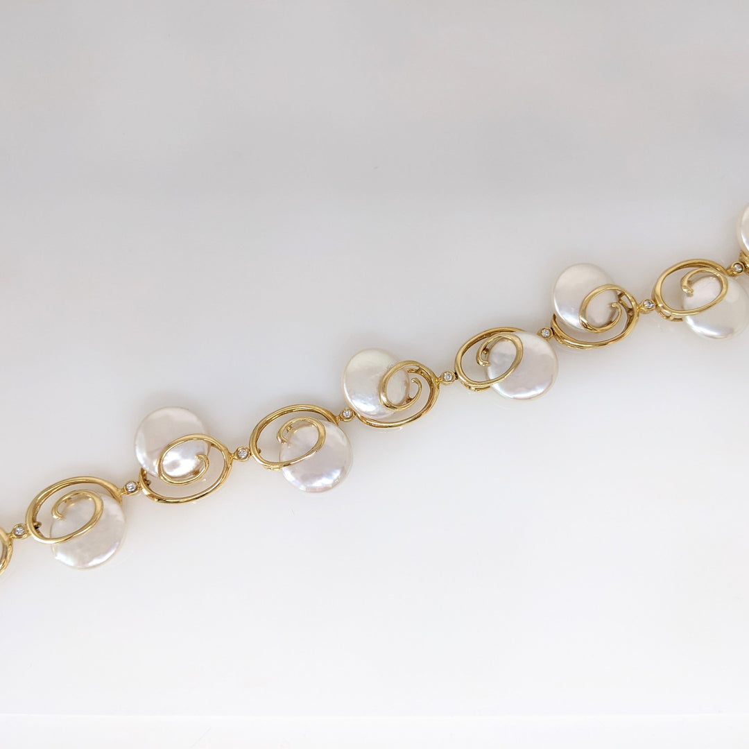 14K MOTHER OF PEARL CIRCLE (9) 12MM WITH (9) MELEE ESTATE BRACELET 17.8 GRAMS