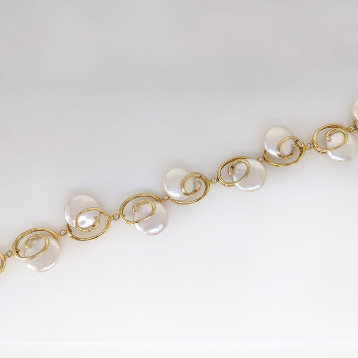 14K MOTHER OF PEARL CIRCLE (9) 12MM WITH (9) MELEE ESTATE BRACELET 17.8 GRAMS