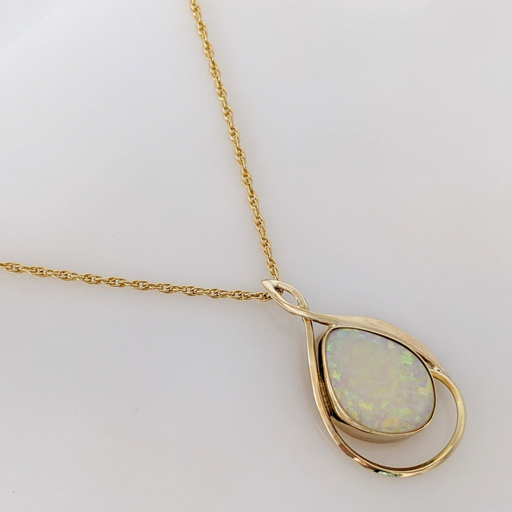 14K OPAL FREE FORM 14X18 BEZEL GOLD TRIM ESTATE PENDANT & CHAIN 7.0 GRAMS