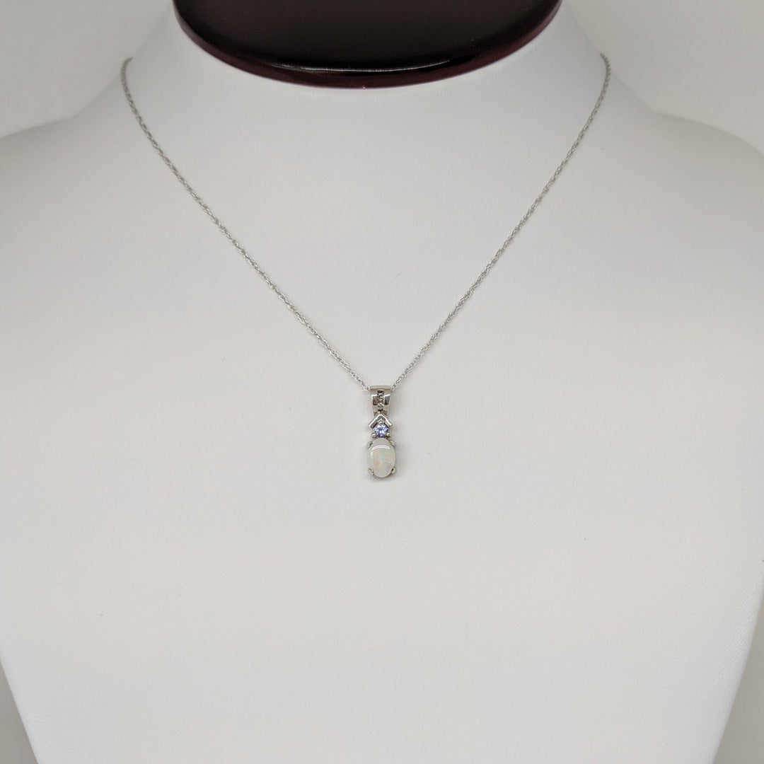 14K WHITE OPAL 5X7 WITH ROUND TANZANITE ESTATE PENDANT & CHAIN 1.9 GRAMS