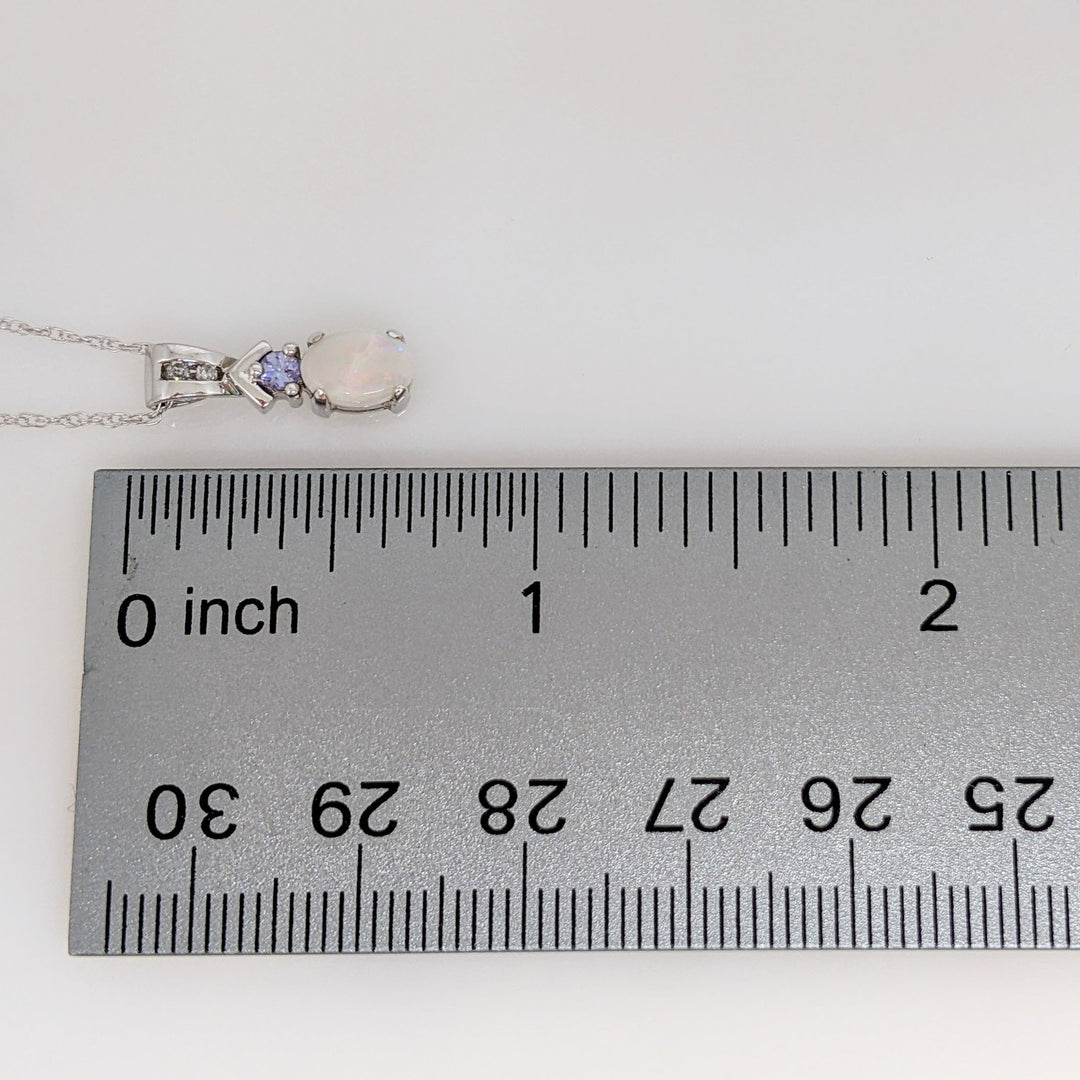 14K WHITE OPAL 5X7 WITH ROUND TANZANITE ESTATE PENDANT & CHAIN 1.9 GRAMS