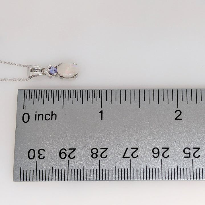 14K WHITE OPAL 5X7 WITH ROUND TANZANITE ESTATE PENDANT & CHAIN 1.9 GRAMS