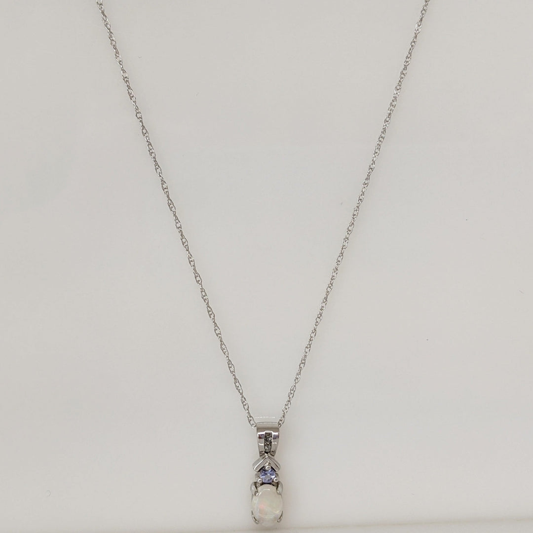 14K WHITE OPAL 5X7 WITH ROUND TANZANITE ESTATE PENDANT & CHAIN 1.9 GRAMS