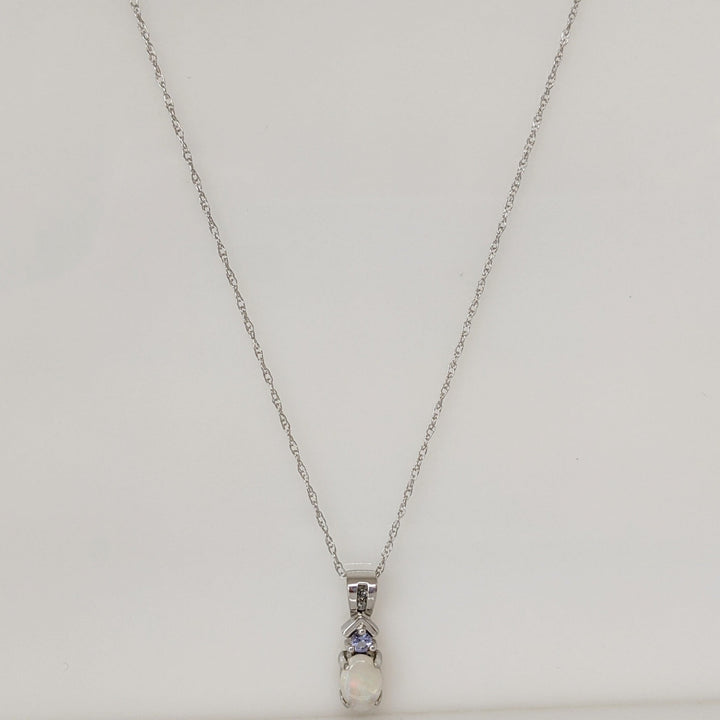 14K WHITE OPAL 5X7 WITH ROUND TANZANITE ESTATE PENDANT & CHAIN 1.9 GRAMS