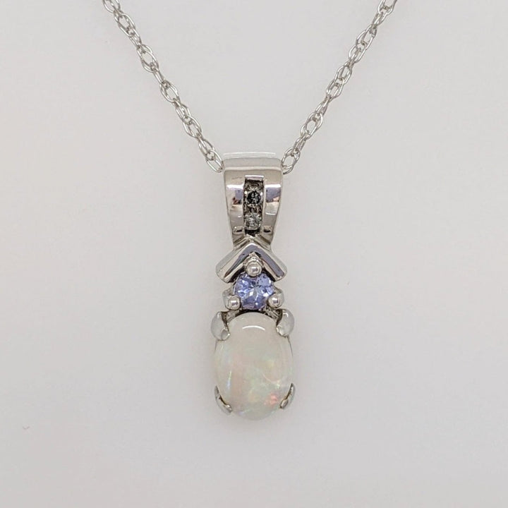14K WHITE OPAL 5X7 WITH ROUND TANZANITE ESTATE PENDANT & CHAIN 1.9 GRAMS
