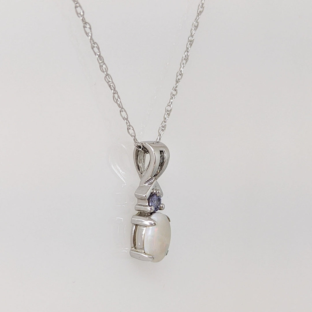 14K WHITE OPAL 5X7 WITH ROUND TANZANITE ESTATE PENDANT & CHAIN 1.9 GRAMS