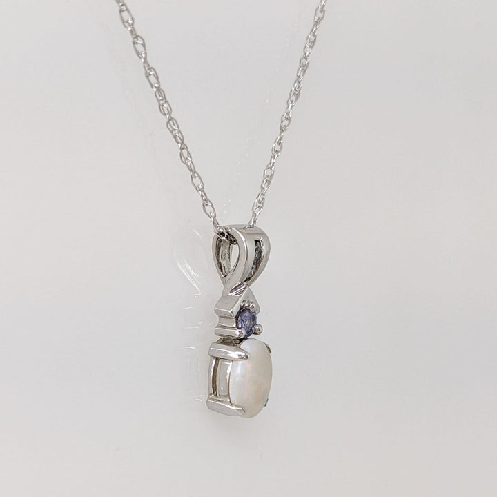 14K WHITE OPAL 5X7 WITH ROUND TANZANITE ESTATE PENDANT & CHAIN 1.9 GRAMS