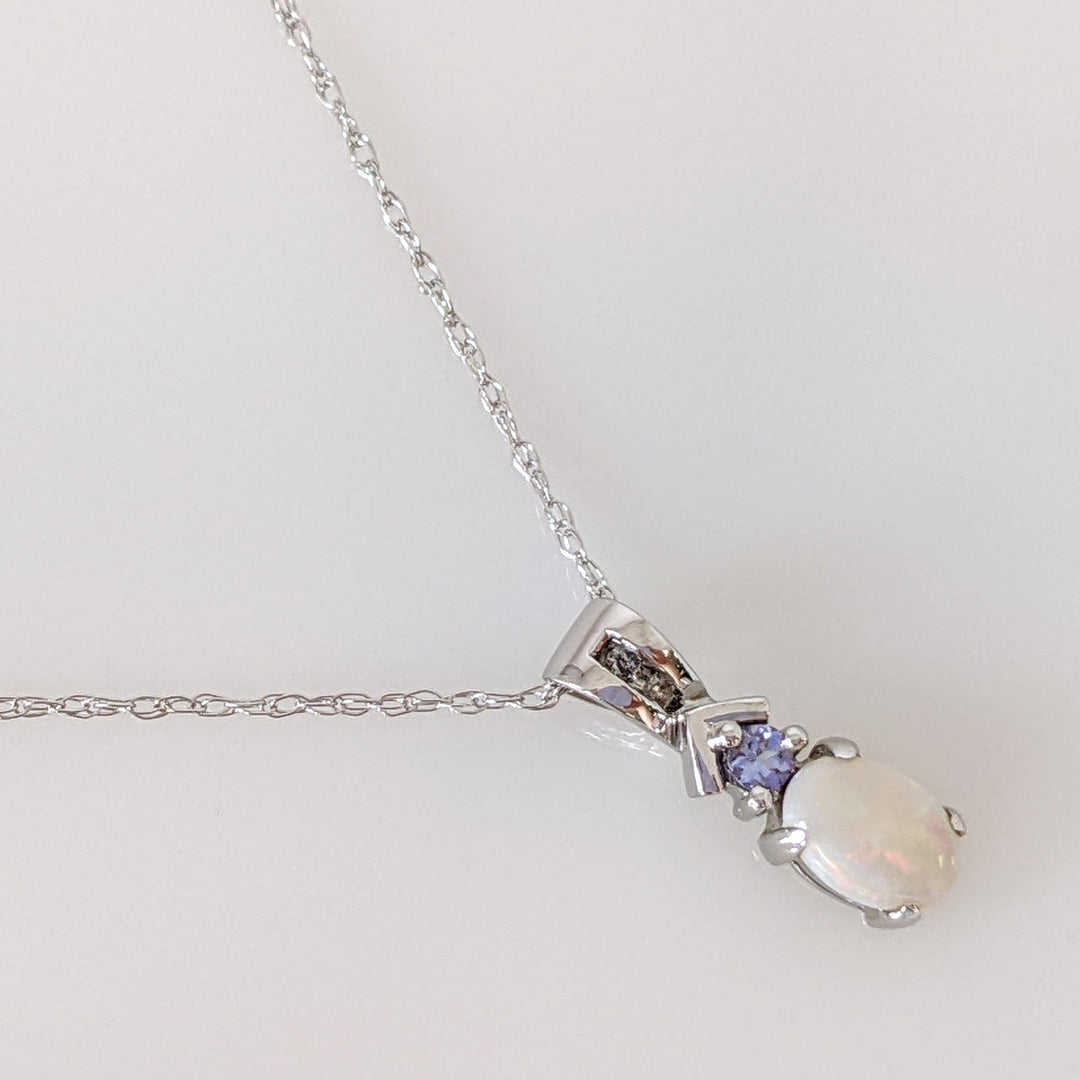 14K WHITE OPAL 5X7 WITH ROUND TANZANITE ESTATE PENDANT & CHAIN 1.9 GRAMS