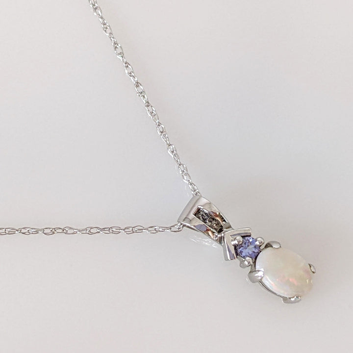 14K WHITE OPAL 5X7 WITH ROUND TANZANITE ESTATE PENDANT & CHAIN 1.9 GRAMS