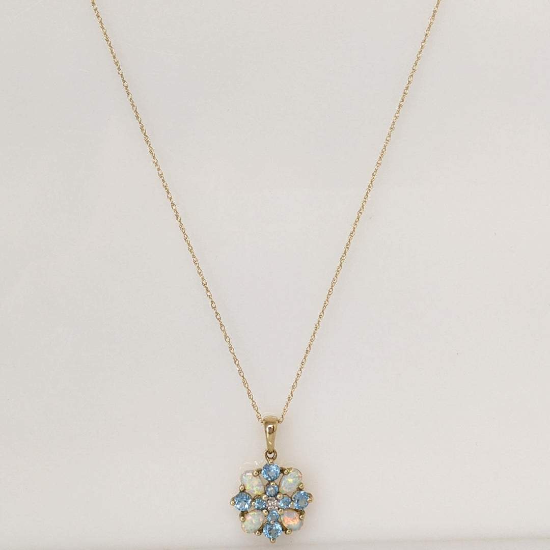 10K OPAL PEAR (4) BLUE TOPAZ ROUND (8) WITH MELEE ESTATE PENDANT & CHAIN 1.7 GRAMS