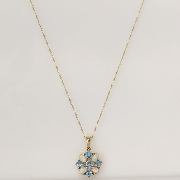 10K OPAL PEAR (4) BLUE TOPAZ ROUND (8) WITH MELEE ESTATE PENDANT & CHAIN 1.7 GRAMS