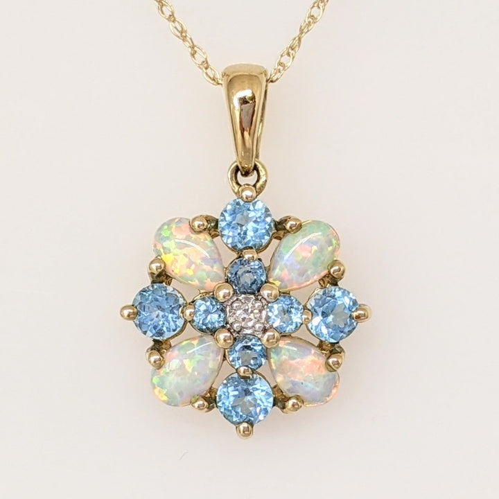10K OPAL PEAR (4) BLUE TOPAZ ROUND (8) WITH MELEE ESTATE PENDANT & CHAIN 1.7 GRAMS