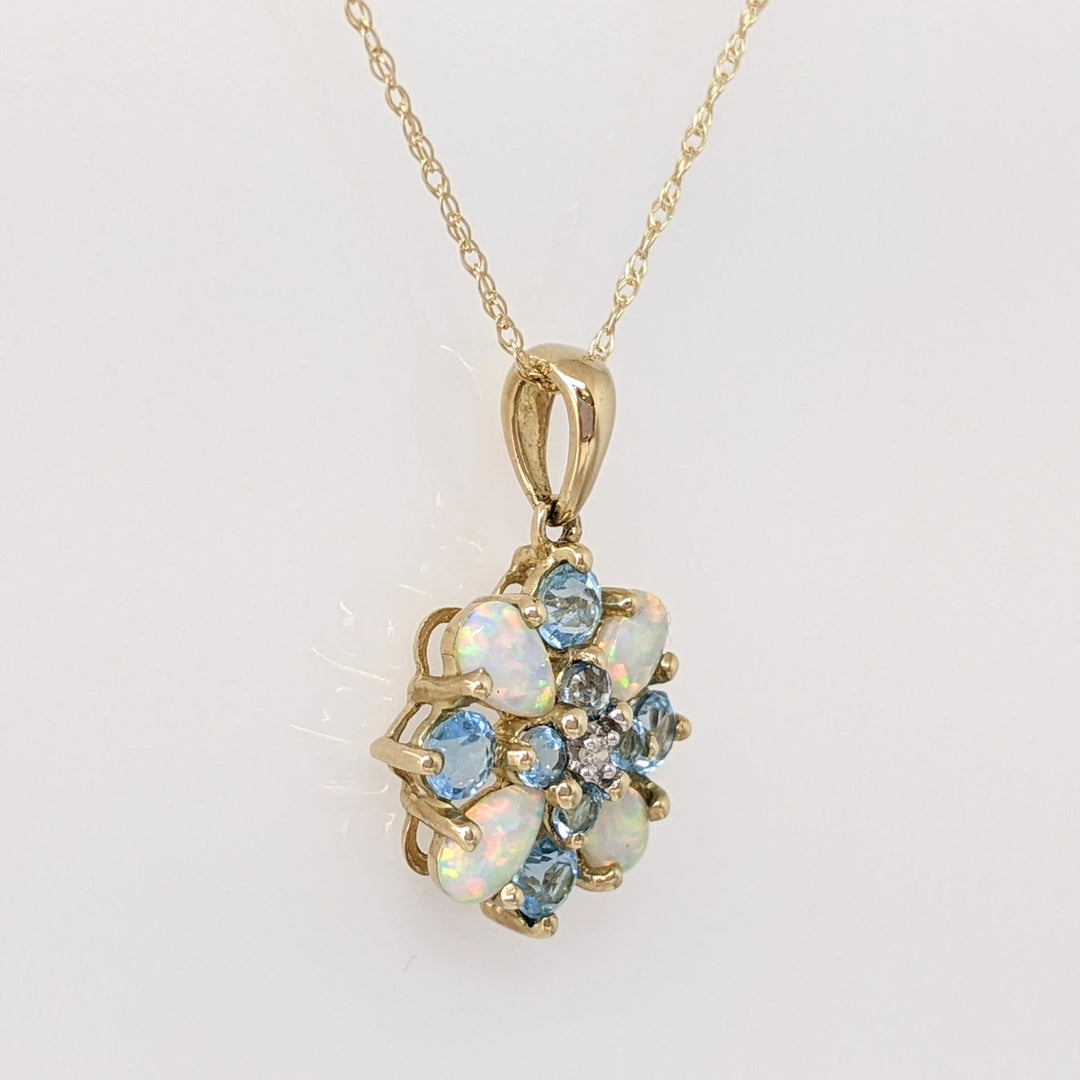 10K OPAL PEAR (4) BLUE TOPAZ ROUND (8) WITH MELEE ESTATE PENDANT & CHAIN 1.7 GRAMS