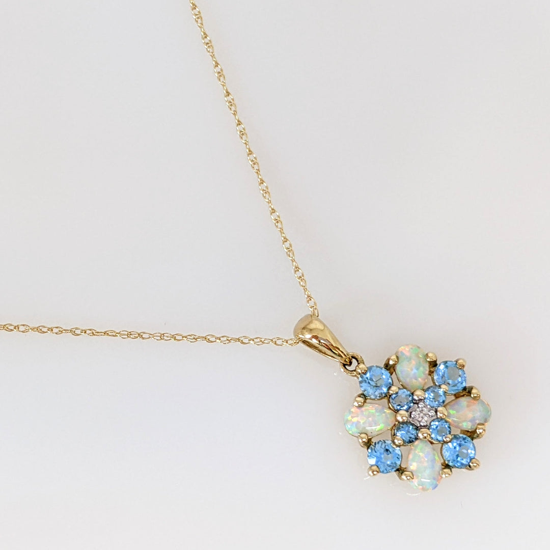 10K OPAL PEAR (4) BLUE TOPAZ ROUND (8) WITH MELEE ESTATE PENDANT & CHAIN 1.7 GRAMS