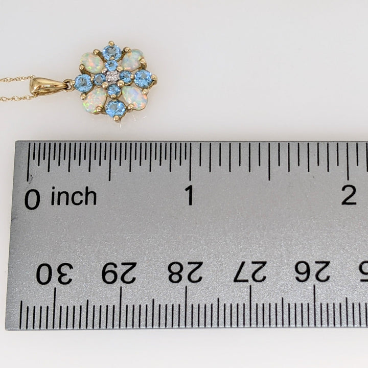 10K OPAL PEAR (4) BLUE TOPAZ ROUND (8) WITH MELEE ESTATE PENDANT & CHAIN 1.7 GRAMS