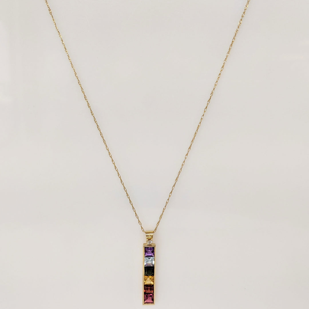 14K MULTI-COLORED PRINCESS CUT (6) 4MM WITH MELEE ESTATE PENDANT & CHAIN 2.8 GRAMS