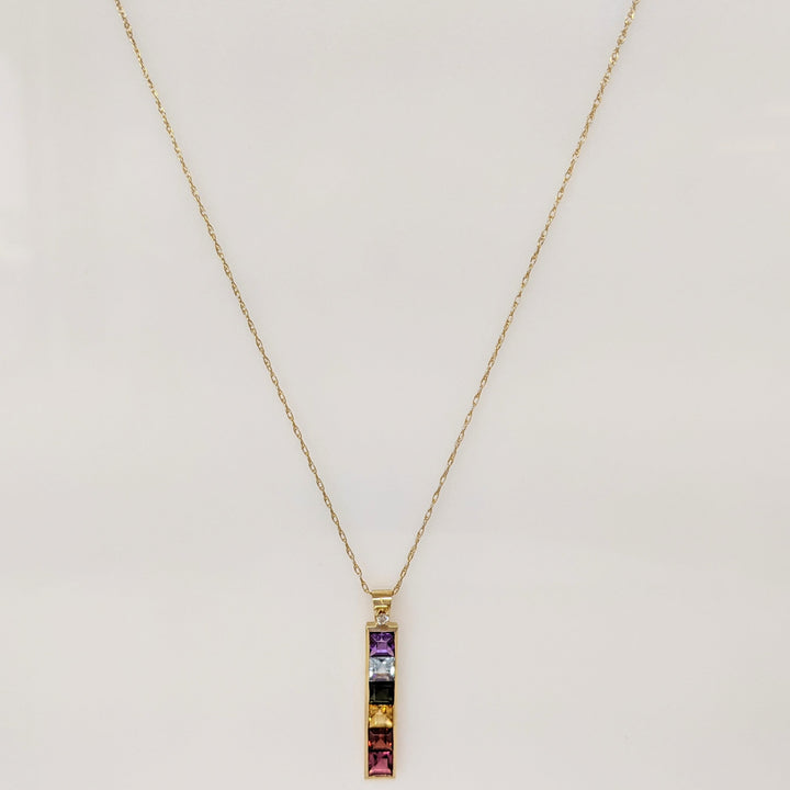 14K MULTI-COLORED PRINCESS CUT (6) 4MM WITH MELEE ESTATE PENDANT & CHAIN 2.8 GRAMS