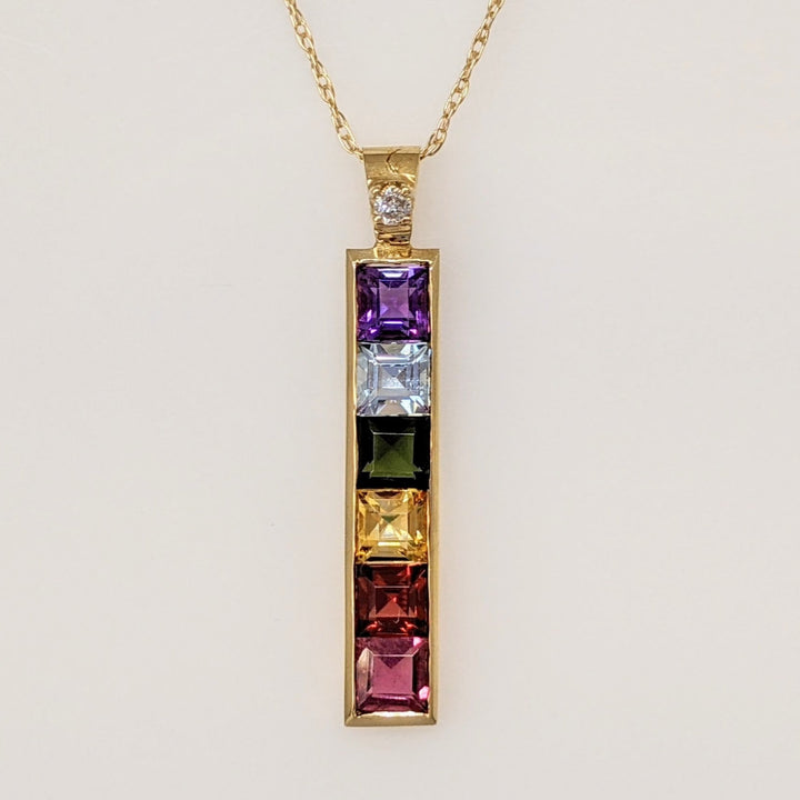 14K MULTI-COLORED PRINCESS CUT (6) 4MM WITH MELEE ESTATE PENDANT & CHAIN 2.8 GRAMS